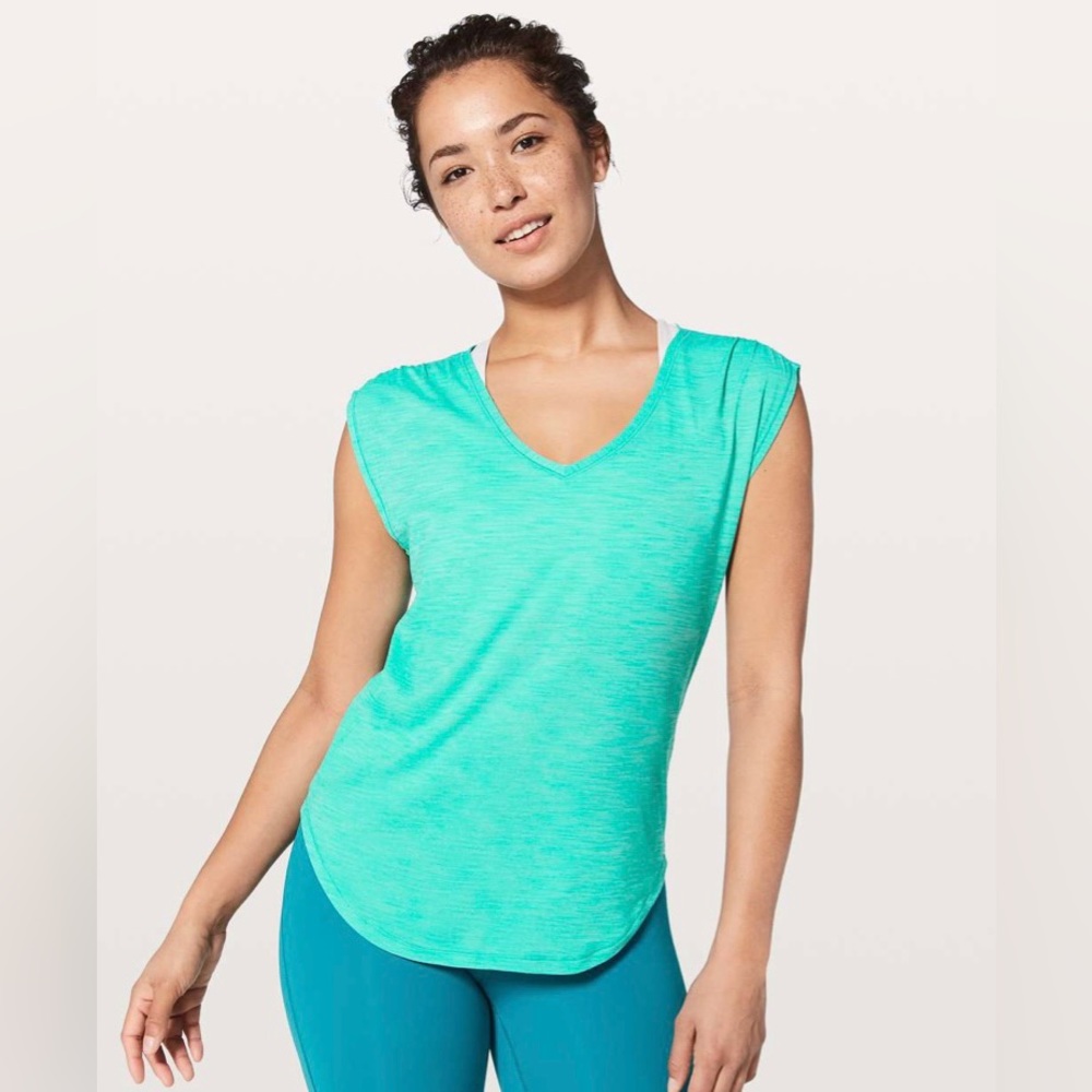 🍋 Lululemon Sweat Times Short Sleeve Top Cinch Sleeve, Heathered Eucalyptus